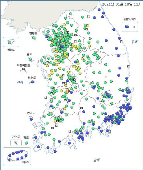 10일 오전 전국의 초미세먼지(PM2.5)농도. 자료 국립환경과학원