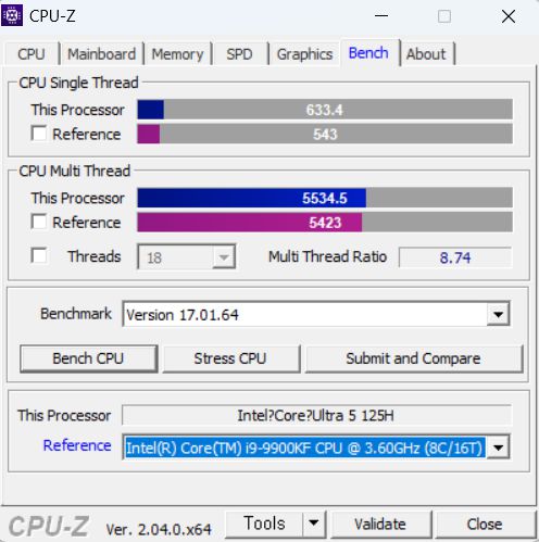 CPU-Z로 인텔 코어 울트라 5 125H의 성능을 확인해보니 싱글 스레드 633.4점, 멀티 스레드 5534.5점을 기록했다.