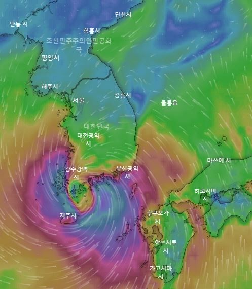 9월 2일께 제9호 태풍 마이삭 위치 [자료 출처 = 윈디]