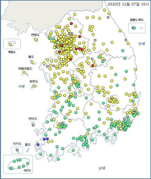 7일 오전 10시 전국의 초미세먼지 농도 현황. 자료 국립환경과학원