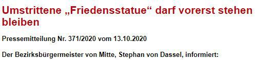 13일(현지 시각) 소녀상을 당분간 그대로 두겠다며 베를린시가 발표한 보도자료/베를린시