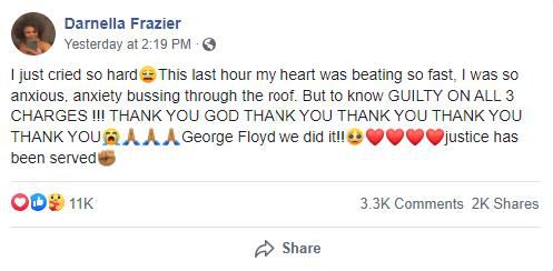 데릭 쇼빈에 대해 유죄 평결이 내려진 뒤 다넬라 프레이저가 페이스북에 올린 글. [출처=다넬라 프레이저의 페이스북. 재배부 및 DB 금지]