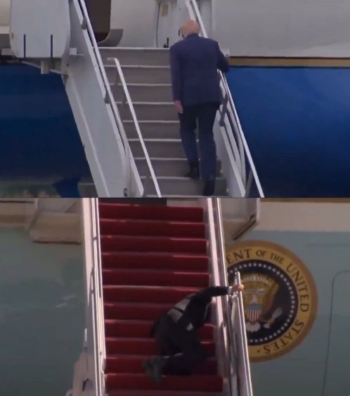 도널드 트럼프 미국 대통령(위)과 조 바이든 전 미국 대통령이 에어포스원 계단을 오르다 넘어지는 모습을 비교한 게시물. 엑스(X) 캡쳐.2025.06.10.