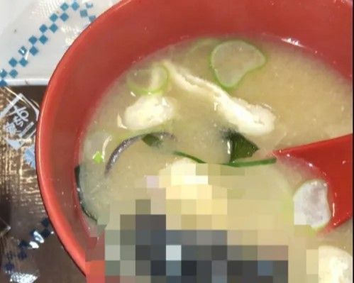 지난 1월 일본 규동(소고기덮밥) 체인점인 ‘스키야’의 한 매장의 구글 리뷰에 올라온 사진으로 된장국에 죽은 쥐가 들어있는 모습. 엑스(X·옛 트위터) 캡처