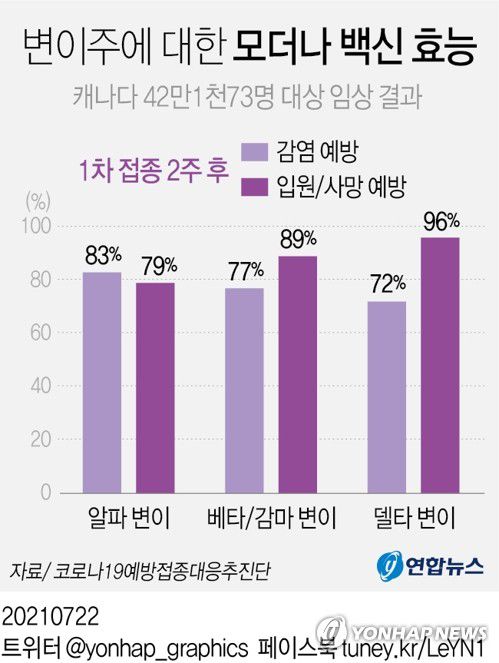 [그래픽] 변이주에 대한 모더나 백신 효능(서울=연합뉴스) 김영은 기자 = 0eun@yna.co.kr     트위터 @yonhap_graphics  페이스북 tuney.kr/LeYN1