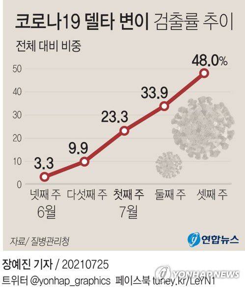 [그래픽] 코로나19 델타 변이 검출률 추이(서울=연합뉴스) 장예진 기자 = 25일 중앙재난안전대책본부에 따르면 코로나19 확진자에서 델타형 변이가 검출되는 비율은 지난달 넷째 주 3.3%에서 이달 셋째 주 48.0%로 급증했다. 이달 둘째 주 검출률 33.9%로 비교하면 한 주 만에 14%P(포인트)나 증가한 것이다.      jin34@yna.co.kr     트위터 @yonhap_graphics  페이스북 tuney.kr/LeYN1
