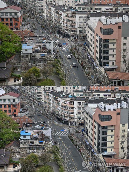 '코로나 봉쇄령' 전후 中 상하이 도심 풍경(상하이 AFP=연합뉴스) 중국 '경제수도' 상하이 도심의 코로나19 봉쇄령 전후 모습을 위·아래로 배치한 사진. 위는 봉쇄령 전인 지난달 31일 징안 거리의 모습으로 차량과 행인이 많아 활기가 느껴진다. 아래는 봉쇄령이 내려진 1일 촬영한 사진으로 거리가 텅 비어 있다. 상하이시는 황푸강을 중심으로 도시를 절반으로 나누어 지난달 28일부터 4일씩 순환식 봉쇄에 들어갔다. 2022.4.1 sungok@yna.co.kr