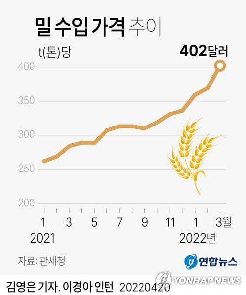[그래픽] 밀 수입 가격 추이(서울=연합뉴스) 김영은 기자 = 0eun@yna.co.kr     트위터 @yonhap_graphics  페이스북 tuney.kr/LeYN1