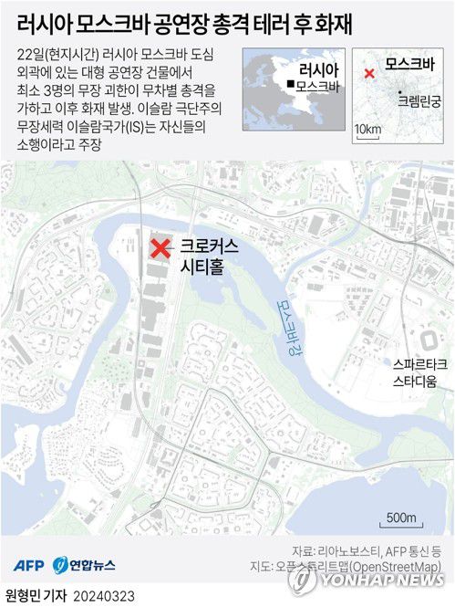 [그래픽] 러시아 모스크바 공연장 총격 테러 후 화재(종합)(AFP=연합뉴스) 원형민 기자 = 22일(현지시간) 러시아 모스크바 도심 외곽에 있는 대형 공연장 건물에서 무차별 총격과 화재가 발생했다.     리아노보스티 등 현지 매체들에 따르면 이날 저녁 모스크바 북서부 외곽에 위치한 크로커스 시티홀 공연장에서 최소 3명의 무장 괴한이 무차별적으로 총을 쐈으며, 이후 대형 화재가 발생했다.     circlemin@yna.co.kr     페이스북 tuney.kr/LeYN1 트위터 @yonhap_graphics