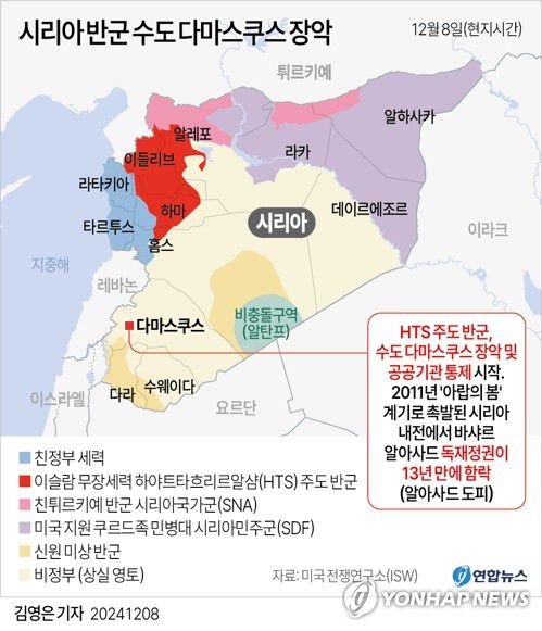 [그래픽] 시리아 반군 수도 다마스쿠스 장악(서울=연합뉴스) 김영은 기자 = 0eun@yna.co.kr     트위터 @yonhap_graphics  페이스북 tuney.kr/LeYN1