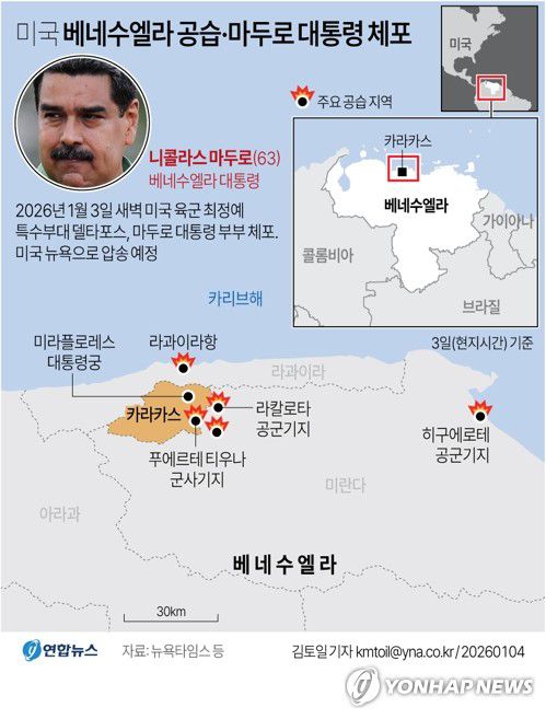 [그래픽] 미국 베네수엘라 공습·마두로 대통령 체포(서울=연합뉴스) 김토일 기자 = 도널드 트럼프 미국 대통령은 3일(현지시간) 미군이 급습·체포한 니콜라스 마두로 베네수엘라 대통령을 군함에 태워 미국 뉴욕으로 압송할 예정이라고 밝혔다.     kmtoil@yna.co.kr     페이스북 tuney.kr/LeYN1 X(트위터) @yonhap_graphics