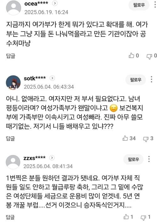 여성가족부 관련 기사에 달리는 '여가부는 여성단체에 퍼준다'는 인식이 담긴 댓글들. 네이버 뉴스 캡처