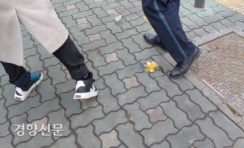 국회 정문 앞에서 1인 시위를 하던 이실로암씨가 던진 계란이 바닥에 떨어져 있다. 이날 이씨는 대선 출정식을 위해 온 허경영 국가혁명당 대선후보에게 계란을 던지려고 했지만 맞히지 못했다. 전현진 기자