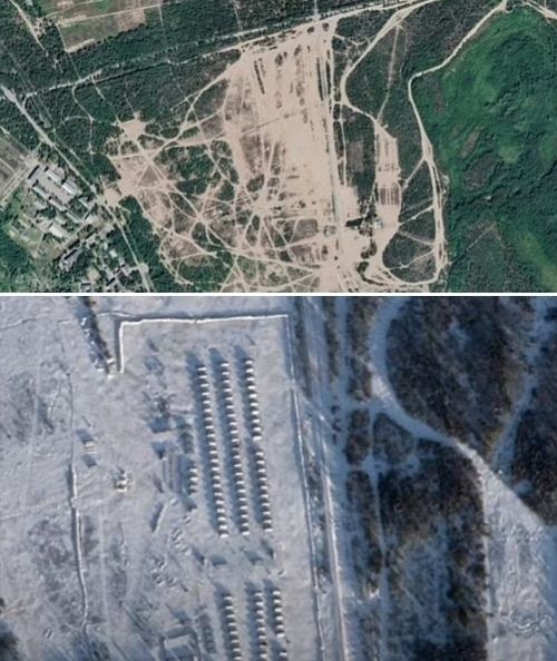 위는 폴란드 국경에서 불과 57㎞ 떨어진 카멘카의 2022년 위성사진, 아래는 군용 텐트 100여개가 빼곡하게 들어선 지난 2월의 모습. 스웨덴 SVT 제공