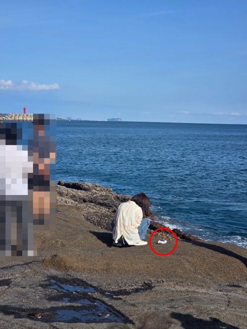 추석 연휴 기간 제주 서계리 용머리해안(천연기념물 제526호)에서 아이의 대변을 뉘고 있는 관광객. 옆에 물티슈(빨간 원 안)가 놓여 있다. (인물 모자이크 처리) 보배드림 캡처