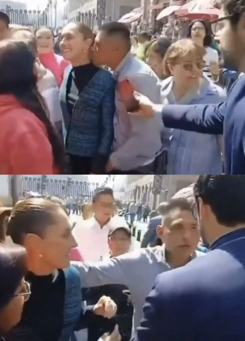 클라우디아 셰인바움 멕시코 대통령이 4일(현지시간) 수도 멕시코시티의 한 번화가에서 시민들과 만나던 도중 한 남성이 다가가 신체 접촉을 하려다 관계자에 제지당하고 있다. 자료 : 엑스