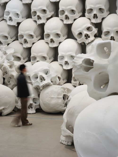 론 뮤익 ‘매스’를 둘러보는 관람객의 모습. 국립현대미술관 서울관의 높은 층고를 활용해 대형 두개골을 쌓고 쏟아져 내리는 듯한 모습을 연출했다. 국립현대미술관 제공