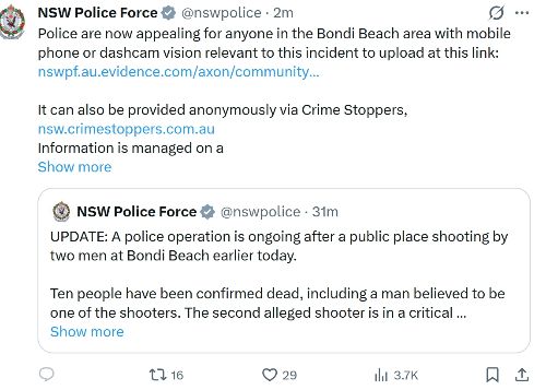 호주 시드니 본다이 해변에서 발생한 총격 사고를 조사중인 뉴사우스웨일스주경찰이 14일(현지시각) SNS에 사고 당시 현장을 촬영한 영상을 경찰에 공유해달라는 공지를 올렸다. /사진=NSW 경찰 X 계정