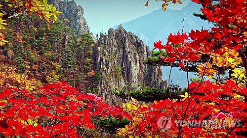 북한 조선중앙TV가 2023년 10월 24일 방영한 드론을 이용해 촬영한 붉게 물든 금강산의 가을풍경. 2025.5.27 [조선중앙TV 화면] [국내에서만 사용가능. 재배포 금지. For Use Only in the Republic of Korea. No Redistribution] photo@yna.co.kr