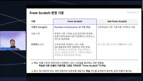 김성훈 업스테이지 대표가 2일 공개 검증회 유튜브 생중계를 통해 프롬 스크래치 판정 기준에 대한 생각을 밝히고, 업스테이지 솔라 오픈 100B가 프롬 스크래치 방식으로 개발됐다고 설명하고 있다. [사진=업스테이지 유튜브 캡처]