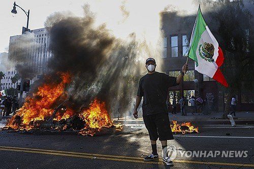 미 캘리포니아주 로스앤젤레스(LA) 도심에서 불법 이민자 단속에 반대하는 한 시위 참가자가 멕시코 국기를 흔들고 있는 모습. /사진=연합뉴스