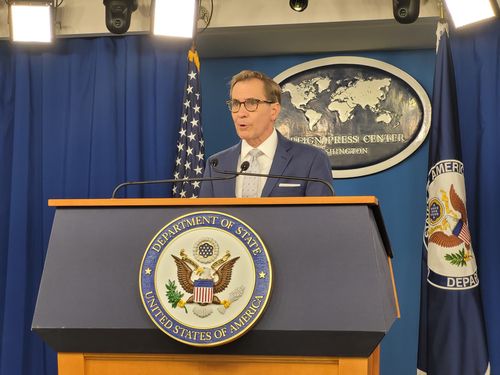 존 커비 미국 백악관 국가안보회의(NSC) 전략소통조정관이 6일(현지시간) 워싱턴DC에 있는 국무부 외신센터에서 브리핑을 하고 있다. [연합뉴스]