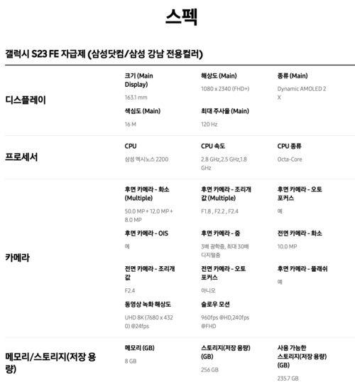 갤럭시 S23 FE 자급제 모델 스펙 [출처 = 삼성닷컴]