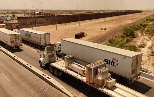 미국으로 향하는 멕시코 트럭 행렬. [로이터 = 연합뉴스]