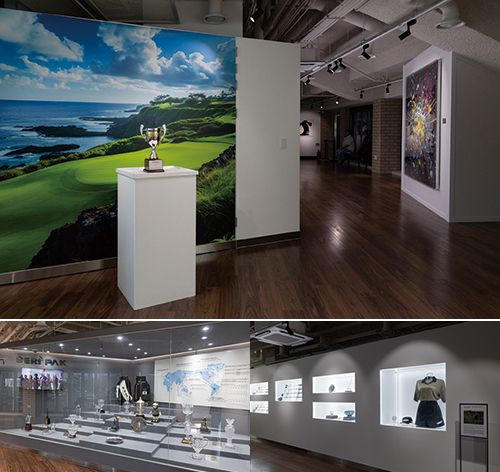 (시계방향) 2층 박세리 기념관 앞에 마련한 포토존. 방문객은 실제 트로피를 들고 기념 촬영을 할 수 있다.  박세리 감독이 수상한 트로피와 기념품이 전시된 박세리 기념관. 1998년 US여자오픈 당시 박세리 감독이 착용했던 경기복.