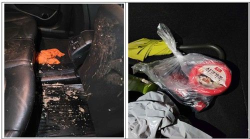 택시 기사 A씨가 택시 뒷좌석에 가짜 토사물 뿌려 놓은 모습(왼쪽)·A씨가 가짜 토사물을 만들기 위해 평소 트렁크에 보관하고 있던 죽과 커피(오른쪽). 사진 서울경찰청