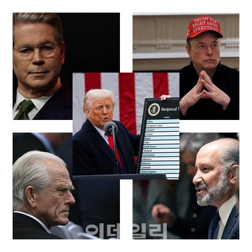 도널드 트럼프 미국 대통령을 중심으로 스콧 베센트(왼쪽 시계방향) 미 재무장관, 일론 머스크 테슬라 최고경영자(CEO), 하워드 러트닉 미 상무장관, 피터 나바로 백악관 무역·제조업 담당 고문(사진=AFP)