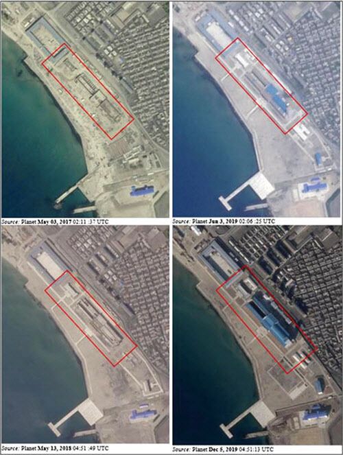 북 신포조선소 잠수함 훈련 센터가 2017년부터 지난해말까지 단계적으로 건설된 모습을 보여주는 위성 사진들. 오른쪽 아래가 지난해말 모습이다.