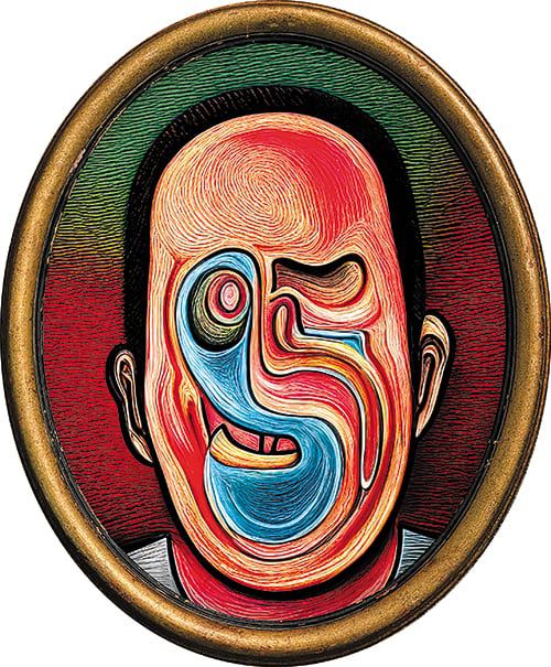 초상화 ‘의미의 파도(Waves of Meaning·2024)’. 작가들은 다음의 구절을 기반으로 '혼란'이란 감정을 표현하는 초상화를 상상했다. "타오르는 오라 속에서, 혼란스러운 불협화음이 땀을 흘리며, 의미의 파도들이 탯줄 같은 힘으로 충돌한다. 그것들은 소멸 속에서도 기쁨을 느낀다." /선화랑