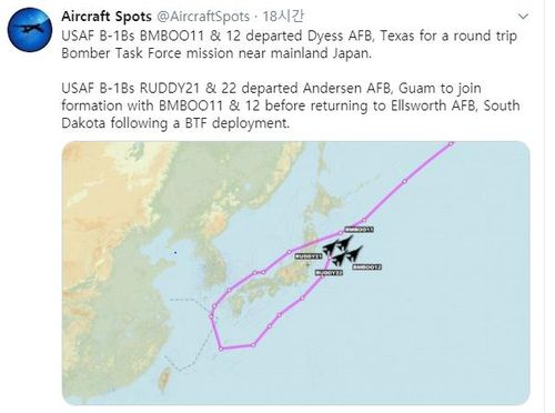 B-1B 폭격기 비행 경로[에어크래프트 스폿 트위터 캡처]