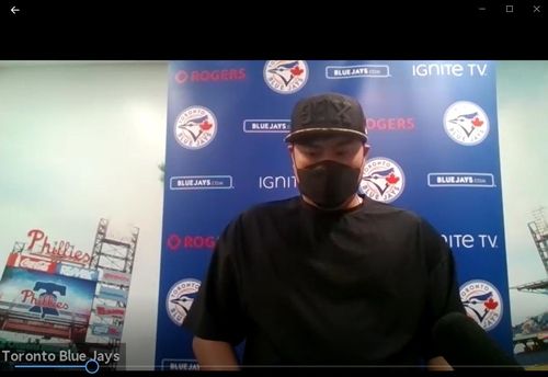 경기 후 화상 인터뷰하는 류현진[MLB 프레스박스 화면 캡처. 재판매 및 DB 금지]