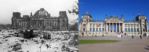 1946년 2차세계대전 폐전 후 파괴된 독일제국 의회-72년 후인 2018년 관광객이 붐비는 독일연방 의회 [연합뉴스 자료사진]