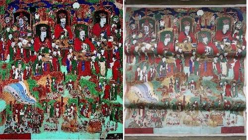 구례 화엄사 시왕도(서울=연합뉴스) 대한불교조계종은 경찰과 협력해 1988∼2004년 도난된 불교 문화재 32점을 회수했다고 29일 밝혔다. 도난 전 구례 화엄사 시왕도(왼쪽)는 상태가 양호해 보이지만, 도난 이후 돌돌 말려 보관된 탓에 그림을 완전히 편 상태에서도 주름이 잡혀 있는 것을 확인할 수 있다. 2020.10.29 [조계종 제공]
(끝)