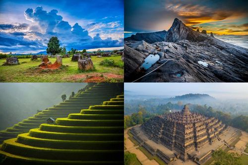 아세안 여행 사진전에서 선보일 각국 명소사진 왼쪽부터 시계방향으로 라오스 항아리 평원, 말레이시아 키나발루산, 베트남 무깡짜이 계단식 논, 인도네시아 보로부두르 사원. [한-아세안센터 제공]