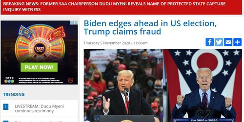 5일 미 대선 상황을 보도하고 있는 남아공 한 매체 웹사이트[eNCA 방송 캡처, 재판매 및 DB 금지]