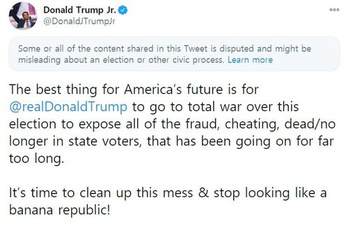 도널드 트럼프 주니어가 5일(현지시간) 트위터에 올린 글[트위터 캡처. 재판매 및 DB금지.]