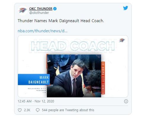 마크 데이그널트 감독 선임 소식을 전한 오클라호마시티 선더.[오클라호마시티 선더 구단 트위터. 재판매 및 DB 금지]