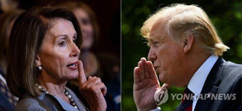 트럼프 2차 탄핵 준비 중인 펠로시 미 하원의장(워싱턴 AFP=연합뉴스) 도널드 트럼프(오른쪽) 미국 대통령과 그를 상대로 두 번째 탄핵을 준비 중인 낸시 펠로시(왼쪽) 하원의장의 모습을 나란히 배치한 사진. 펠로시 하원의장은 10일(현지시간) 트럼프 대통령이 직을 물러나지 않으면 두 번째 탄핵 절차를 밟을 준비가 돼 있다고 밝혔다. 현지 언론은 오는 12일 또는 13일 하원이 탄핵소추안을 표결할 전망이라고 보도했다. sungok@yna.co.kr