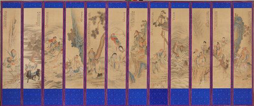 미국서 50년만에 귀환 조선왕실 대형병풍 '요지연도' 첫 공개(서울=연합뉴스) 국립고궁박물관은 지하 1층 궁중서화실에서 궁중회화의 진가를 고스란히 담은 너비 5.04m, 세로 2.21m의 대형 병풍 '요지연도'(瑤池宴圖)를 포함한 병풍 세 점을 전시하고 있다고 27일 밝혔다.
    또한 20세기 초에 제작된 '신선도' 12폭 병풍을 전시해 조선 후기 궁중 신선도의 시기적인 변화를 감상할 수 있게 했다.
    사진은 '신선도' 병풍.  [국립고궁박물관 제공. 재판매 및 DB 금지] photo@yna.co.kr