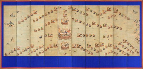 미국서 50년만에 귀환 조선왕실 대형병풍 '요지연도' 첫 공개(서울=연합뉴스) 국립고궁박물관은 지하 1층 궁중서화실에서 궁중회화의 진가를 고스란히 담은 너비 5.04m, 세로 2.21m의 대형 병풍 '요지연도'(瑤池宴圖)를 포함한 병풍 세 점을 전시하고 있다고 27일 밝혔다.
     아울러 19세기 말에 제작된 '수군조련도'(水軍操練圖)도 볼 수 있다. 
    사진은 '수군조련도' 병풍. 2021.1.27 [국립고궁박물관 제공. 재판매 및 DB 금지] photo@yna.co.kr