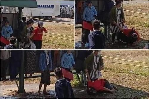 먀 뚜웨 뚜웨 카인이 경찰이 쏜 실탄에 맞아 쓰러지는 모습[이라와디 캡처. 재판매 및 DB 금지]