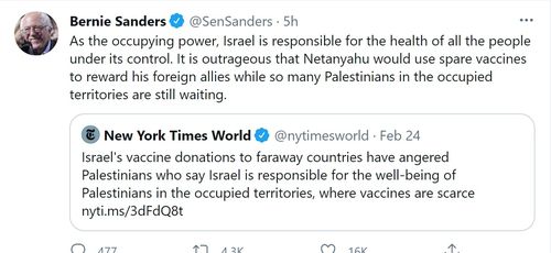 이스라엘의 '백신 외교'를 비판한 버니 샌더스 미 상원의원의 트윗[버니 샌더스 트위터 캡처=연합뉴스]