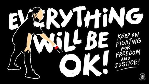 치알 신 모습 뒤로 적힌 "다잘 될 거야. 자유와 정의를 위해 계속 싸우자"라는 문구[트위터 캡처. 재판매 및 DB 금지]