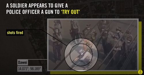 군인에게 건네받은 총으로 시위대에 총격 가하는 경찰[앰네스트 영상 캡처. 재판매 및 DB 금지]