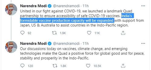 모디 "일본, 미국과 호주 지원으로 인도 백신 생산능력 확대"[나렌드라 모디 총리 트위터]
