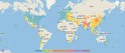2020년 세계 주요도시 대기질(PM2.5 기준 청록색:좋음, 옅은 주황:보통, 갈색:위험)[아이큐에어 웹사이트 캡처, 재판매 및 DB 금지]